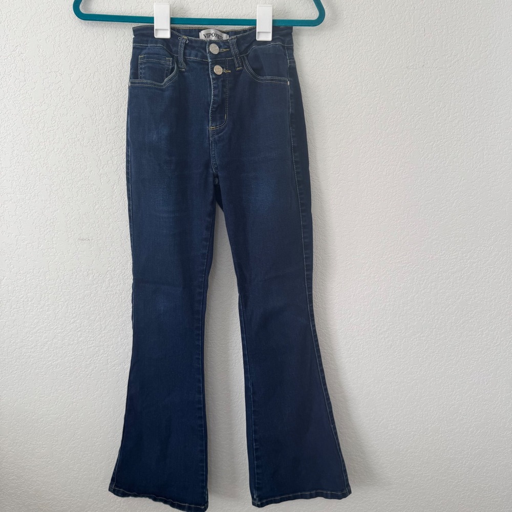 Womens Dark Wash Flare Jeans High Waist Denim Double Button Size 2